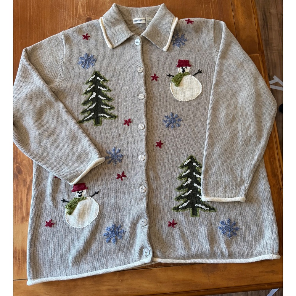 Cherokee Woman Christmas Sweater Cardigan Gray Snowman Tree Plus 2X 22W 24W Cozy